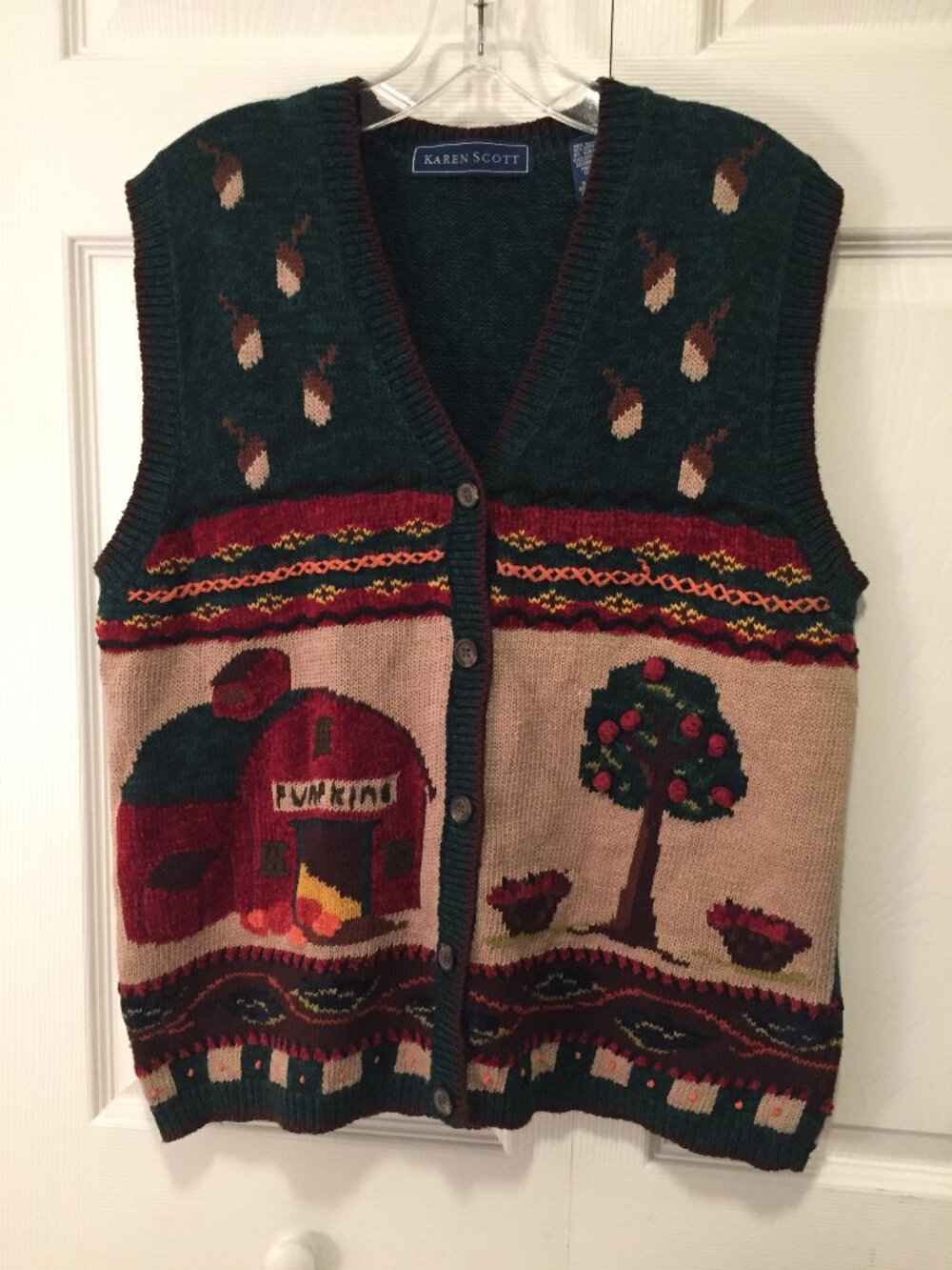 Vintage Karen Scott Fall Sweater Vest Pumpkin Acorn Apples Women's Size Medium